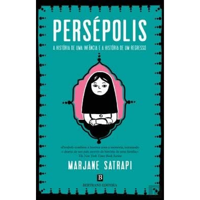 Capa do livro Persépolis com desenho de menina e texto em branco sobre fundo azul.