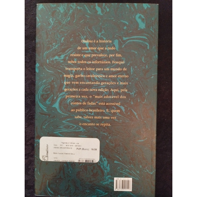Capa traseira de livro com padrão marmoreado azul e cinza e texto em português