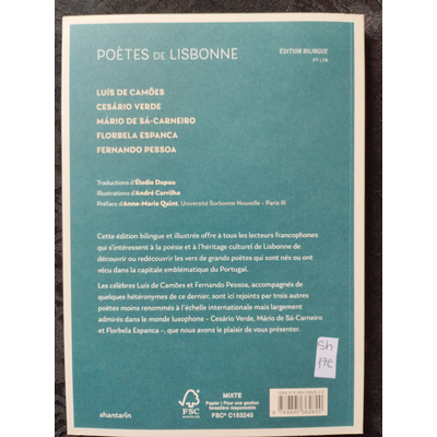 Capa traseira de um livro azul com texto branco em francês sobre poetas de Lisboa.