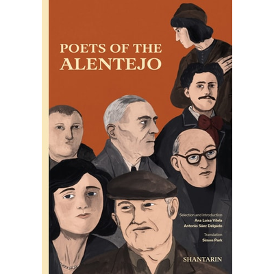 Capa de livro com ilustrações de seis pessoas e o título POETS OF THE ALENTEJO