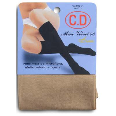 Mini meia microfibra bege com embalagem azul e imagem de pernas com meia preta
