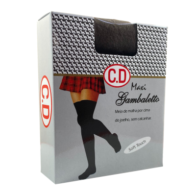 Embalagem de meias pretas C.D Maxi Gambaletto com indicação de meia por cima do joelho