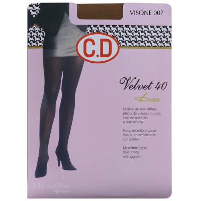Embalagem de collants pretos de microfibra Velvet 40 da marca C.D