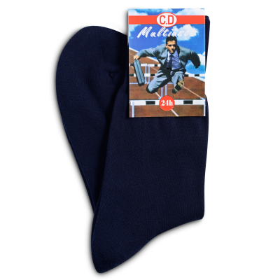 Par de meias azuis escuras com etiqueta C.D Malitosa 24h