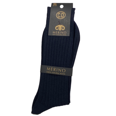 Par de meias azul-escuro feitas de lã merino 100% natural com etiquetas pretas