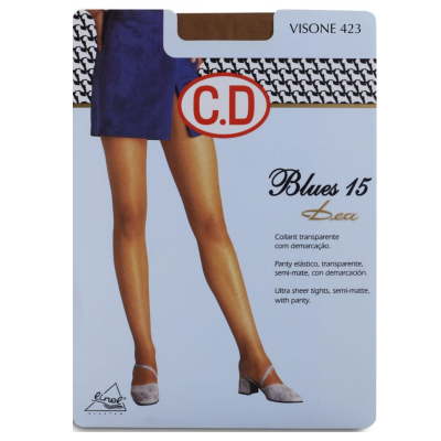Embalagem de collants C.D. Blues 15 Lea com perna vestida e texto descritivo