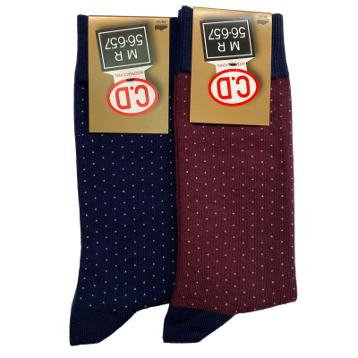 Par de meias azul escuro e vinho com pequenos pontos e etiqueta C.D MR 56-657