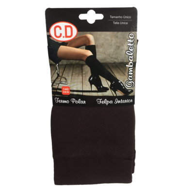 Embalagem de meia-calça preta C.D Gambaletto com texto em português e espanhol