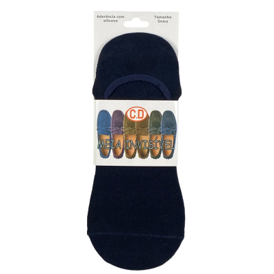 Meia invisível azul escuro com etiqueta branca contendo texto e desenhos de meias coloridas