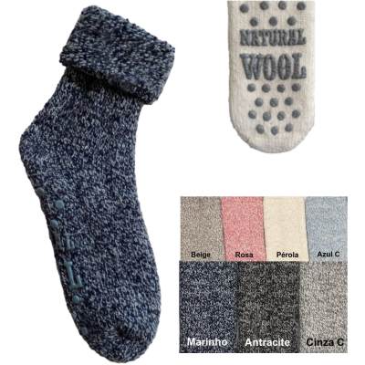 Meias de lã natural tricotadas azul escuro com sola antiderrapante e opções de cores