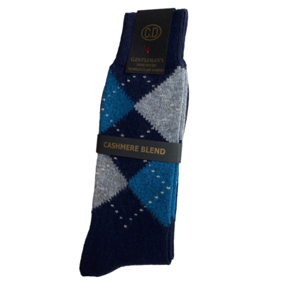 Meias masculinas com padrão de losangos azul escuro, azul claro e cinza