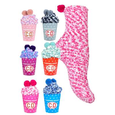 Meias felpudas coloridas para dormir em copos de papel com pompons