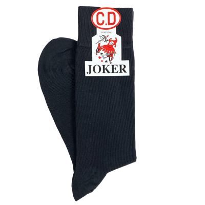 Par de meias pretas com etiqueta C.D Portugal Joker e imagem de um palhaço vermelho