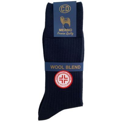 Meias azuis de lã Merino com embalagem azul e selo vermelho e branco