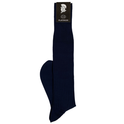 Meias compridas azuis escuras com etiqueta preta PLATINUM e capacete romano