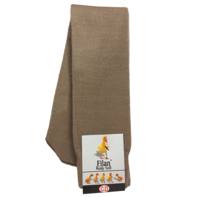 Cachecol bege com etiqueta de pato amarelo e texto Filan® Realy Soft