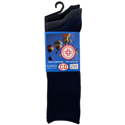 Pacote de três pares de meias azul, azul escuro e cinza com etiqueta azul e balões