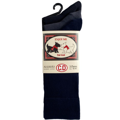 Pacote com 3 pares de meias de algodão azul escuro e cinza com etiqueta ilustrada