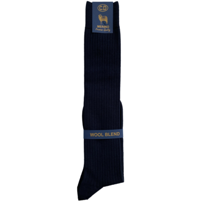 Meia azul escura com etiqueta C.D MERINO e WOOL BLEND