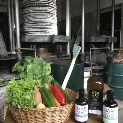 Cesto com legumes frescos e garrafas de azeite MAR VÃO sobre mesa de madeira em ambiente industrial