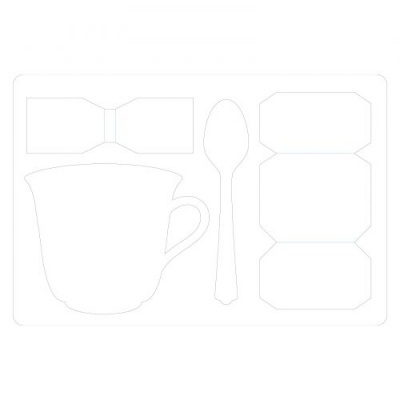 Conjunto de formas de cartão branco recortado com silhuetas de chávena, colher, laço e etiquetas.