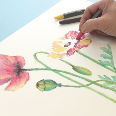 Mão a colorir desenho de flores com lápis de cera em papel branco sobre superfície azul