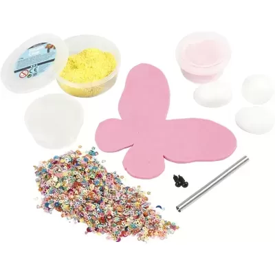 Conjunto de artesanato com forma de borboleta rosa, olhos móveis e acessórios coloridos