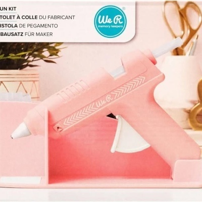 Kit pistola cola quente rosa com suporte e bastões de cola