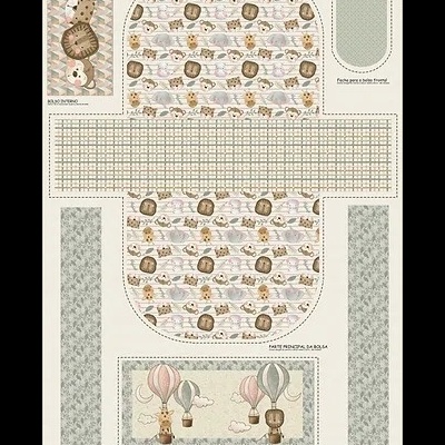 Folha de tecido com padrão para bolsa e babete com desenhos de animais e balões de ar quente em tons neutros