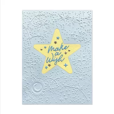 Cartão decorativo com relevo, estrela amarela e texto 'Make a Wish'