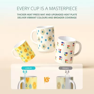 Três canecas coloridas com padrões florais e texto promocional em fundo bege.