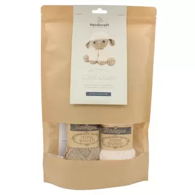 Embalaem com novelos de fio de algodão Stone Washed e etiqueta com brinquedo de pelúcia