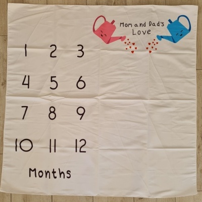 Manta branca com números e ilustrações de regadores coloridos e texto em inglês.