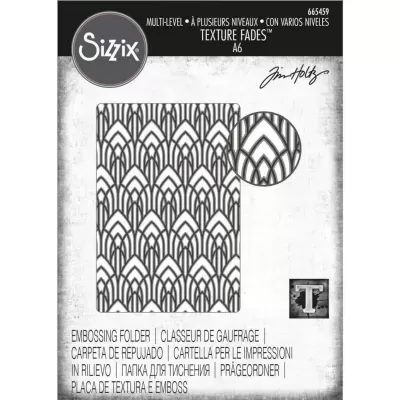 Embossing folder Sizzix com padrão geométrico e texto multilíngue