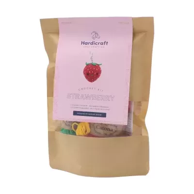Kit de croché Hardicraft para fazer um morango, embalagem castanha com etiqueta rosa