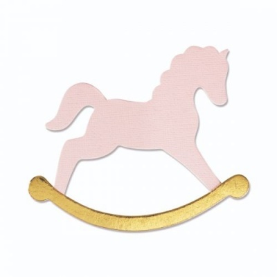 Cavalo de baloiço decorativo rosa com base dourada sobre fundo branco