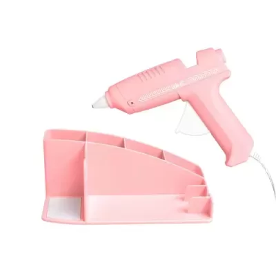 Pistola de cola quente rosa com suporte organizador