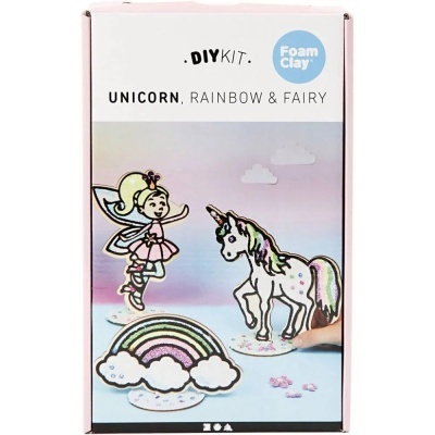 Kit DIY Foam Clay Unicorn Rainbow & Fairy com figuras de fada, unicórnio e arco-íris em fundo pastel