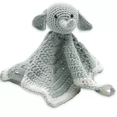 Cobertor de bebé crochet cinzento com cabeça de cão cinzento claro e borda branca