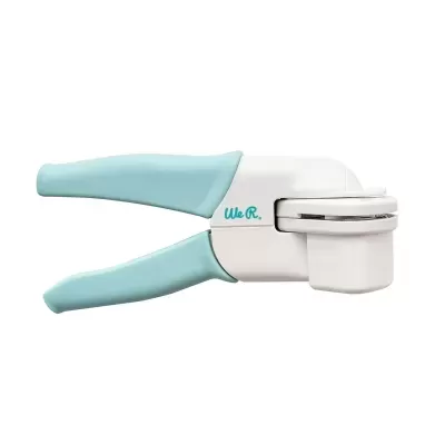 Abridor de latas com cabo azul claro e corpo branco com texto 'We R.'