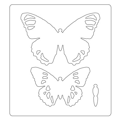 Stencil branco com desenho de duas borboletas e um pequeno inseto.