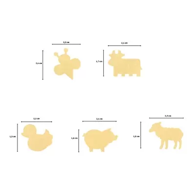 Cinco formas decorativas amarelas de animais com medidas em cm