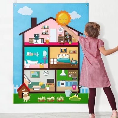 Painel educativo de tecido com ilustração colorida de casa dividida em divisões e menina a interagir