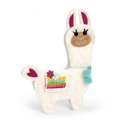 Peluche de lhama branca com decoração colorida e pompons azuis.