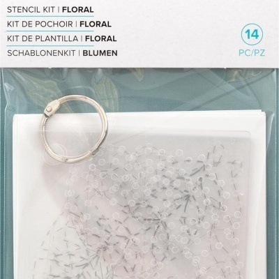 Kit stencil floral Stitch Happy Pen com 14 peças em embalagem de cartão branco e turquesa