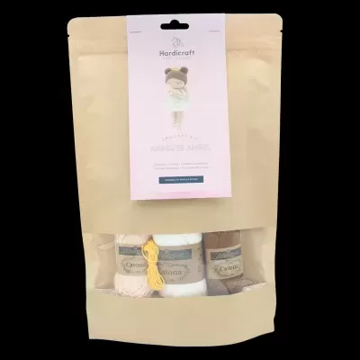 Kit de artesanato com fios de algodão e linha amarela em embalagem de papel kraft