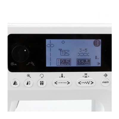 Painel digital de máquina de costura branca com visor LCD azul e botões brancos