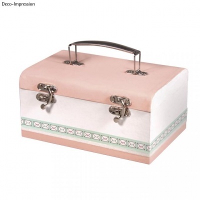 Caixa decorativa retangular rosa e branca com pega metálica