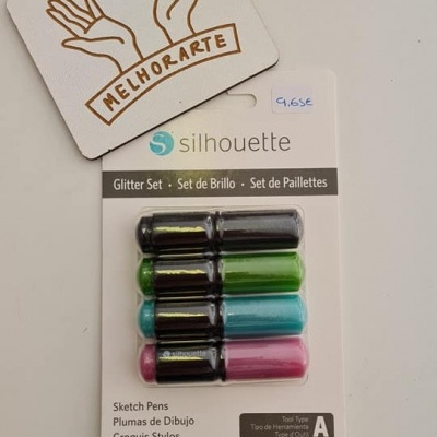 Conjunto de canetas glitter Silhouette em embalagem branca com logo MELHORARTE