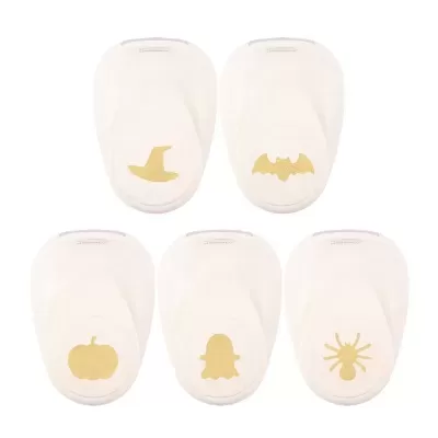 Cinco carimbos de papel branco com símbolos dourados de Halloween